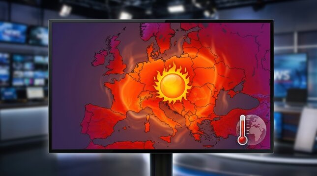 A television screen displaying a stylized weather forecast with an extreme heatwave affecting Europe, featuring a vivid temperature map with an intense orange-red danger zone and a large blazing sun.