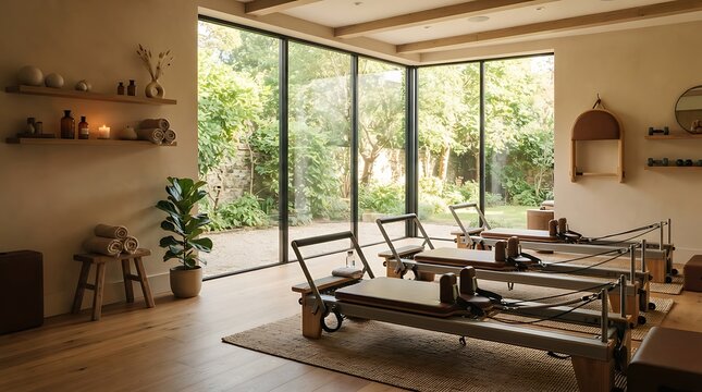 Bright pilates studio interior with large windows overlooking a lush green garden and exercise equipment setup for wellness