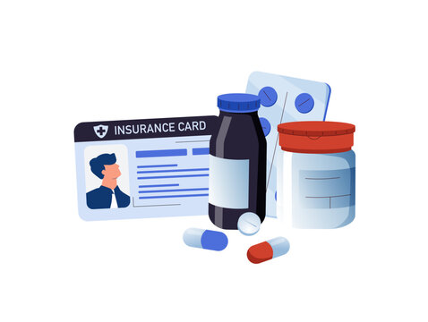 Health insurance card illustration featuring healthcare icons and medical objects representing digital coverage, patient services and protection. Perfect for healthcare and insurance projects