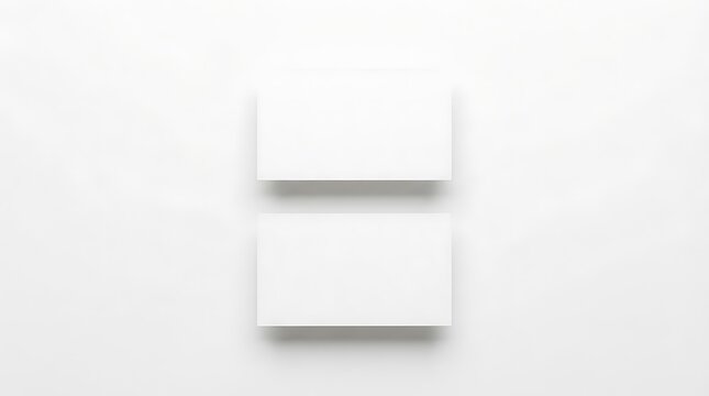 Minimalist composition of two blank white business cards on a white surface with subtle shadows for mockups and branding presentations