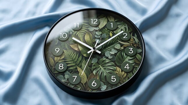 Modern wall clock with botanical leaf pattern on blue silk fabric