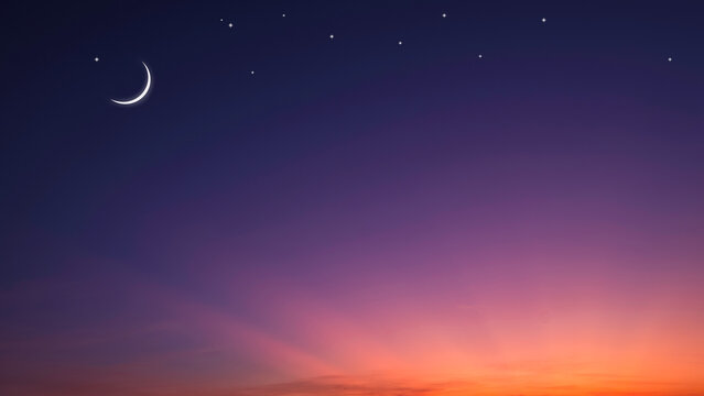 Night Sky Ramadan Background with Crescent Moon and Star on Dramatic Twilight sky with Copy Space for edit text in Eid al Adha, Eid al fitr, Mubarak Holy Islamic Month Festival