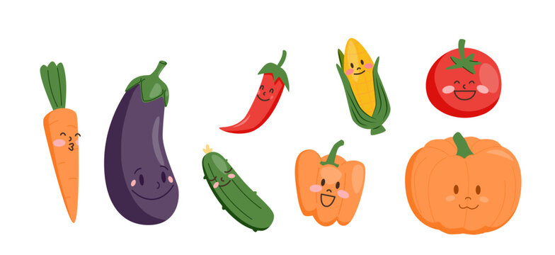 Kawaii vegetable and fruit illustration set featuring cute smiling food characters. Children art, healthy lifestyle