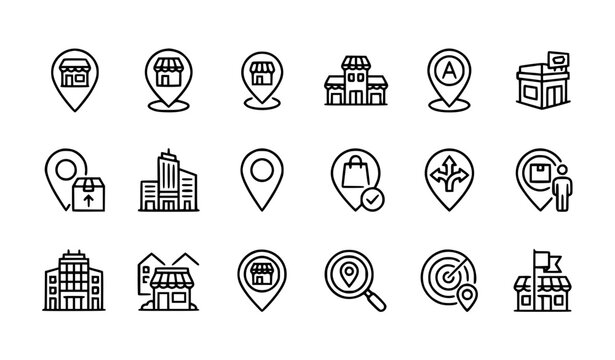 Store location icon collection with retail map pin business address and navigation editable outline vector set