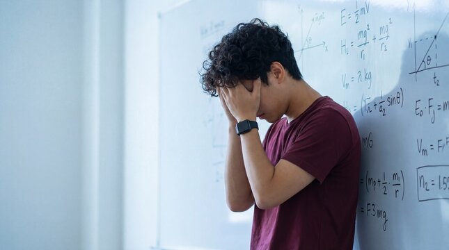 Stressed young male student covering his face with hands while standing in front of a physics board