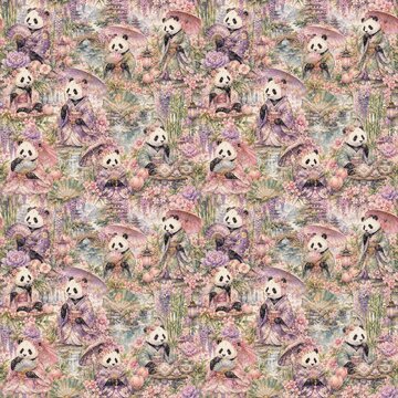 Cute Watercolor Baby Pandas in Enchanted Floral Garden Seamless Pattern for Fabric and Wallpaper