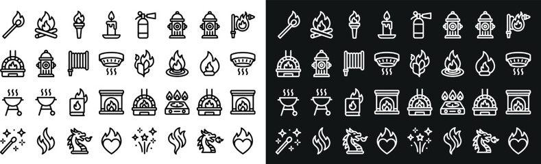 Fototapeta premium A comprehensive collection of fire and flame related vector icons presented in both black outline on white background and white outline on black background styles