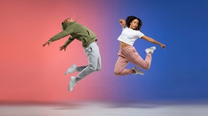 Obraz premium Two energetic young dancers jumping high in the air wearing casual athletic clothing and stylish sneakers on transparent background