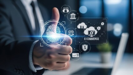 Fototapeta premium Businessman gives thumbs up with e commerce fingerprint security icons image