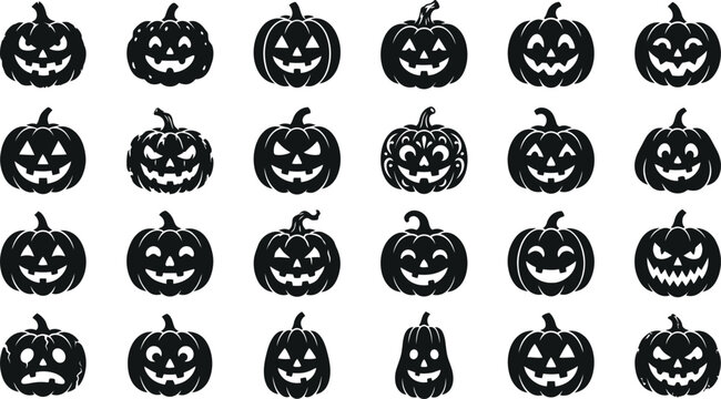 Halloween pumpkin faces collection for spooky or festive design projects and decorations