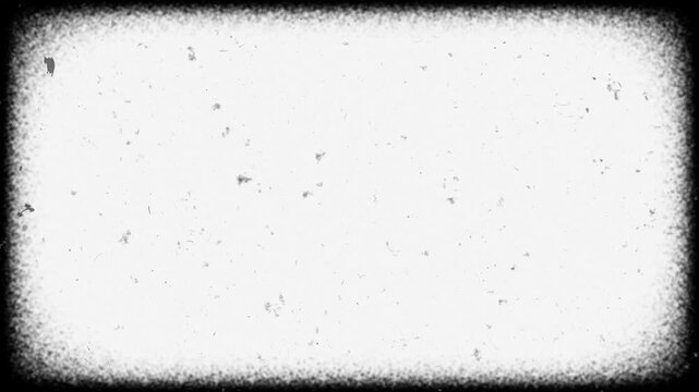 Black vintage film frame seamless loop animation with stop motion dust particles and grunge border on white background. 4K animated old film texture effect for retro overlay and vintage video editing.