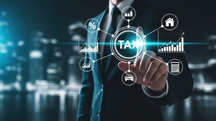 Fototapeta premium Businessman interacting with digital tax interface with icons finance technology