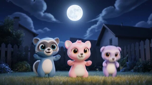 Adorable pink piglets playing with balloons in dreamy nighttime farm scene