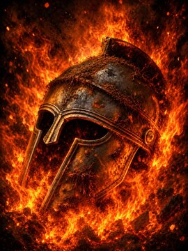 Spartan helmet burning, symbolizing war, power, and ancient battle