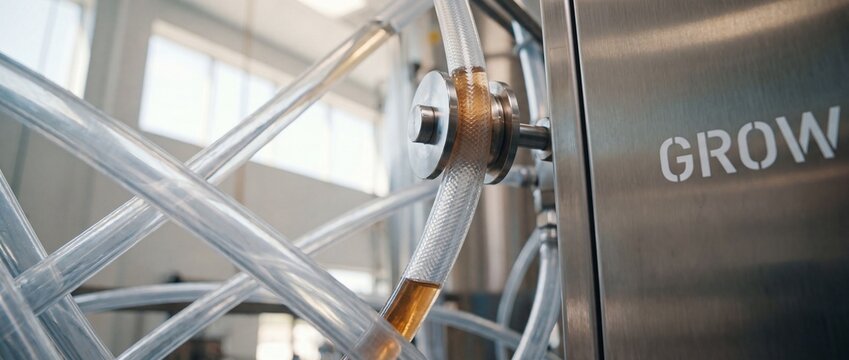 Industrial brewery equipment liquid transfer in modern biotech laboratory factory with stainless steel tank and transparent tubes for chemical manufacturing, beer brewing process and clean production.