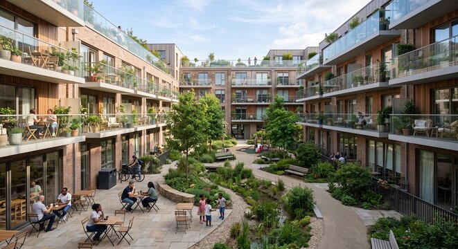 Shared Green Courtyard Inside Compact Mid Rise Housing Block