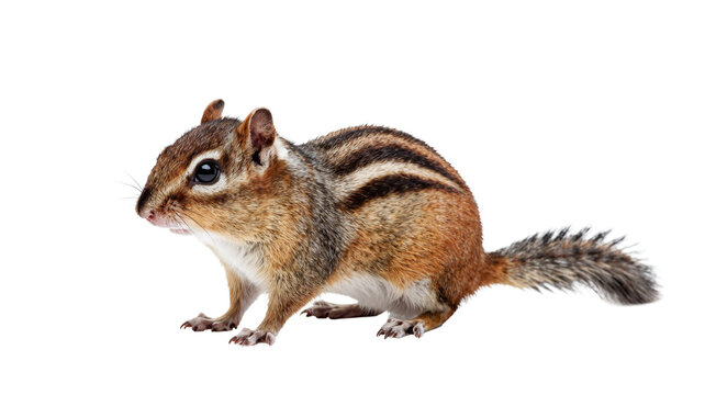 A cute chipmunk standing on a white background looking to the side with detailed fur and stripes