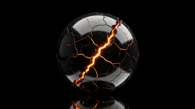 glowing cracked black marble | molten lava inside broken crystal ball | abstract dark energy sphere background | fantasy obsidian orb with fire cracks