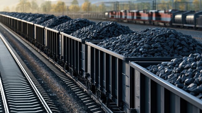 Open-box railcars loaded with coal in an industrial rail yard, illustrating fossil fuel transportation's scale and rhythm in natural daylight.