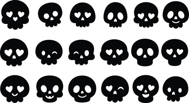 Cute black skulls with heart eyes collection for Halloween design