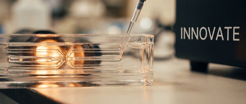 Microfluidic chip laboratory pipette testing liquid sample in glass chamber during biotechnology research experiment inside modern clinical science lab facility focusing on innovative medical tool.