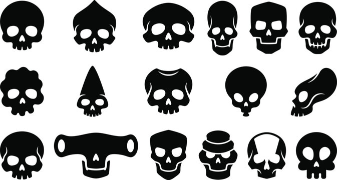 Black skull silhouettes collection for Halloween designs and themed projects requiring eerie and mysterious iconography