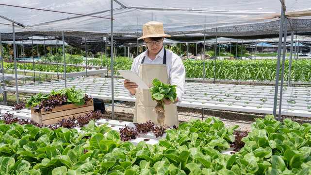 A man is standing in a greenhouse with a clipboard and a hat on
