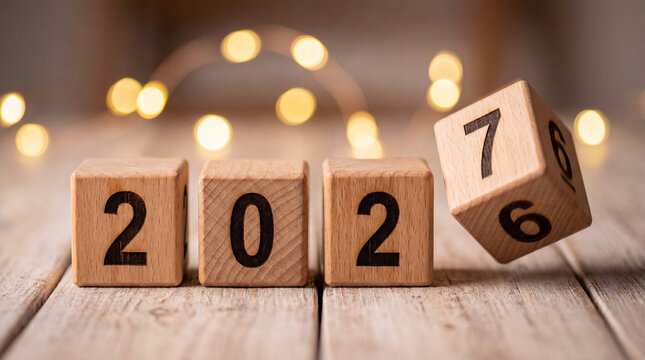 Wooden blocks changing from 2026 to 2027 with festive bokeh lights on rustic table