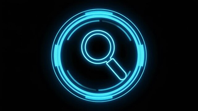 Animated Neon Search Icon Forming With Blue Digital Glow Against Black Background Cinematic Motion