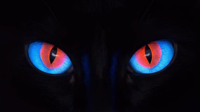 Black cat eyes glowing blue then red in darkness with subtle cinematic motion and selective focus for mystery and suspense