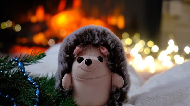 Christmas tree, cute fluffy hedgehog toy. Soft blurred glow of flames dances in the fireplace, inviting vibes. Cozy welcoming atmosphere, holidays, childhood, family gatherings, seasonal marketing.