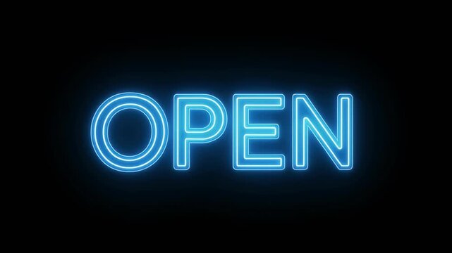Bright blue neon 'OPEN' signs glowing against a dark background in a repeating pattern