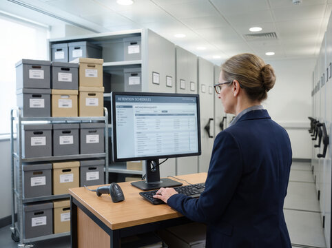 Female records manager reviewing digital retention schedules in modern archive storage facility