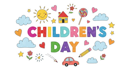 Fototapeta premium Childrens day colorful doodle style illustration