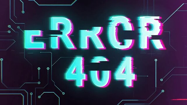 "ERROR 404 message glitch effect with chromatic aberration over electronic circuit background. Dark tech failure graphic."