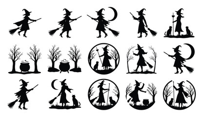 Collection of halloween silhouette icons featuring witches and magic elements silhouette halloween cauldron elements collection mystical © VectorVibe Studio