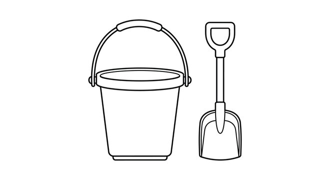 Black and white of a bucket and shovel on a white background sand
