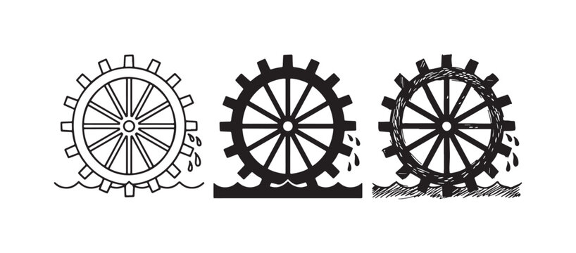 Three styles of a water wheel icon: outline, solid black, and hand-drawn sketch, shown rotating in water with splashes, on a white background.