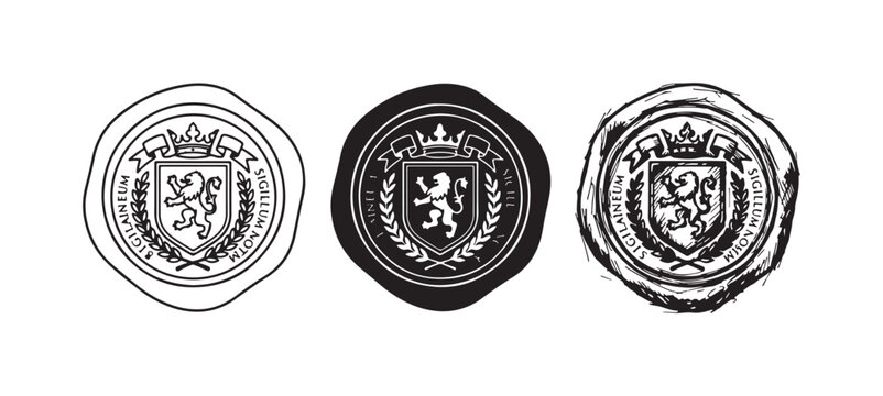 Three styles of a wax seal icon with a "Sigillum Novum Sigillaineum" shield crest: outline, solid black, and hand-drawn sketch, featuring a crowned lion design.