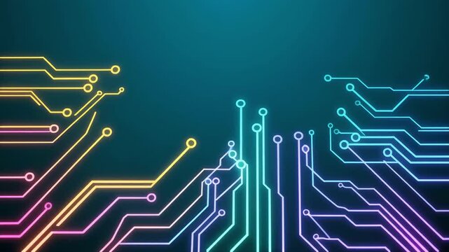 Digital circuit board pattern moving across a dark blue background with subtle light particles during a technological concept