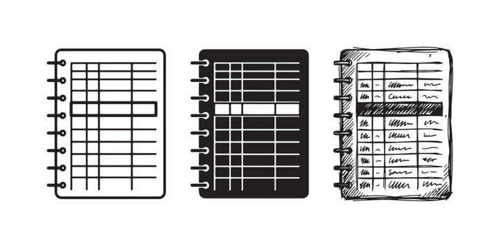 Spreadsheet or ledger notebook icons in outline, solid, and hand-drawn sketch styles