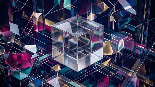 Transparent cube with colorful geometric abstract digital scene