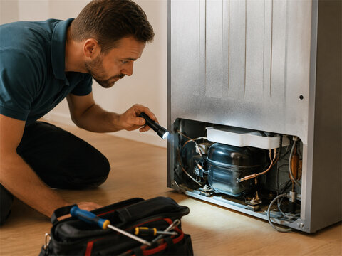 Appliance service technician diagnosing an open refrigerator compressor area with testing equipment and repair tools while working carefully on a modern stainless steel unit at home