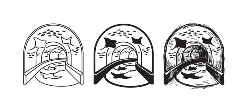 Aquarium tunnel with manta rays and fish icon set