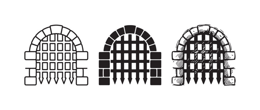 Portcullis Gate Icons Set with Arched Stone Frame in Outline, Solid, and Hand-Drawn Styles