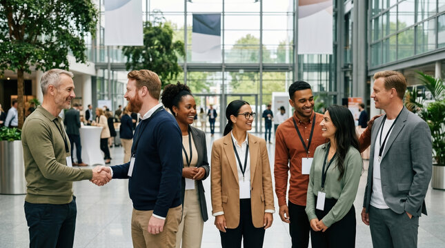 Diverse group networking and handshaking at business event