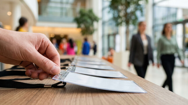 Conference attendees collect name badges at registration desk