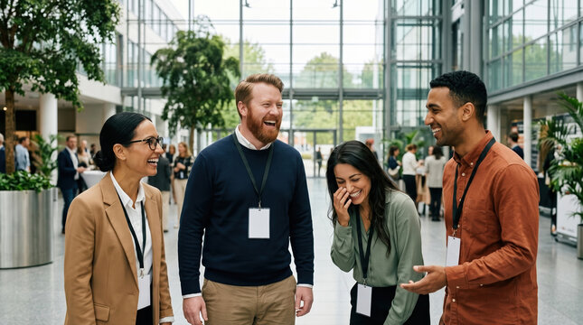 Four coworkers laughing at a networking event in modern office