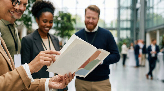 Business team reviewing documents at modern event venue