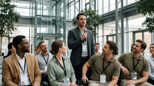 Audience listening to speaker at modern business event